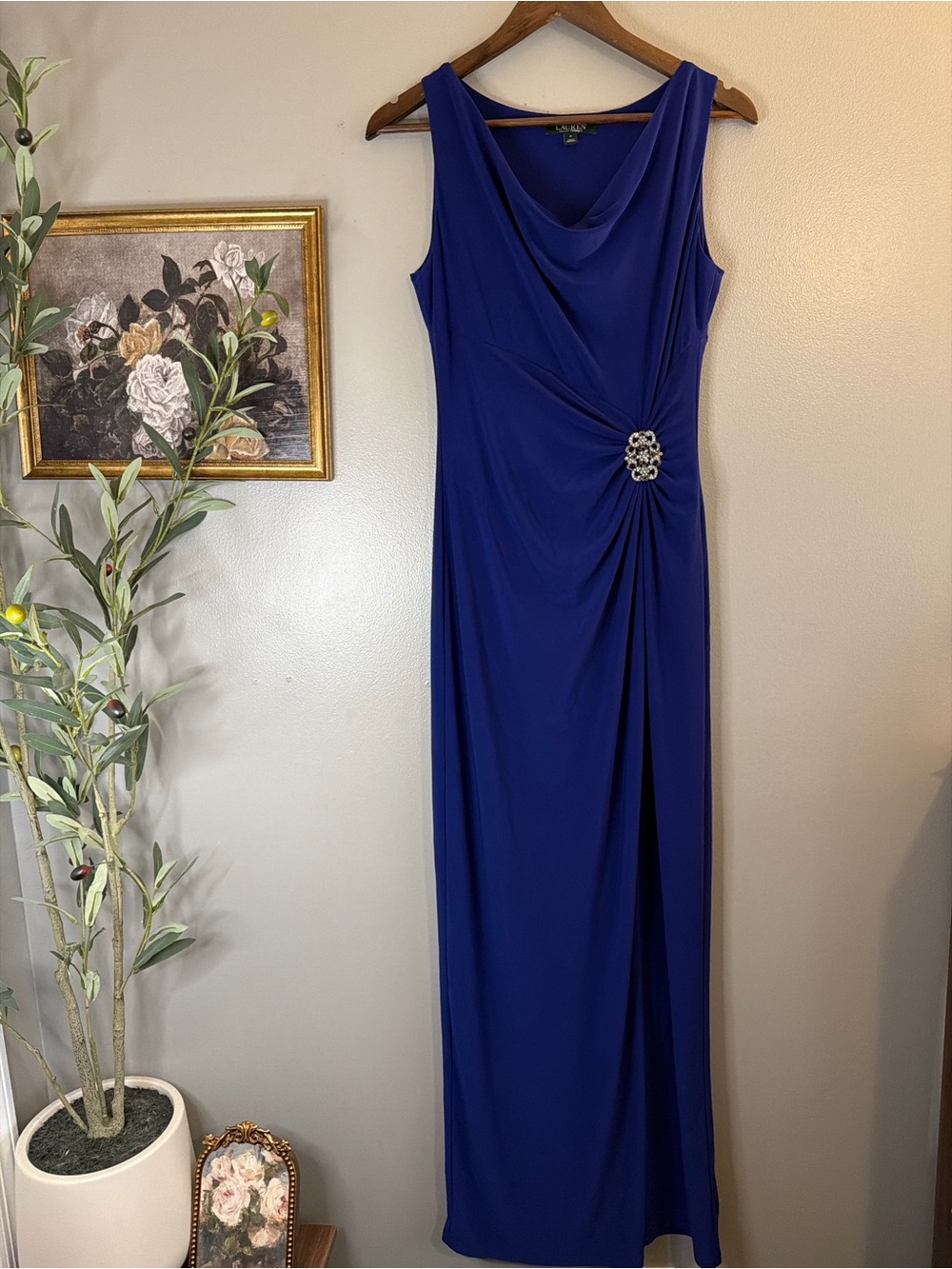 Lauren Ralph Lauren Royal Blue Draped Embellished Evening Gown Size 4 - Picture 2 of 10